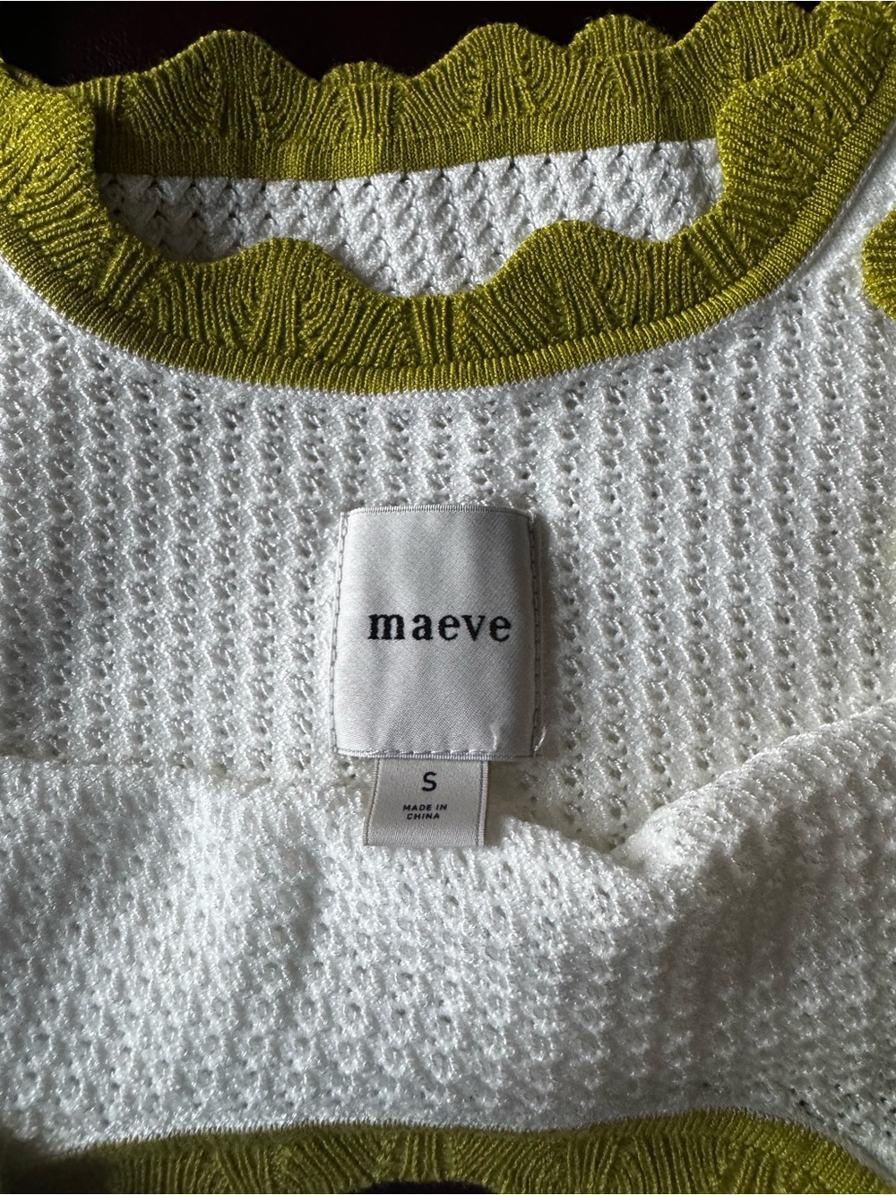NWT Maeve Anthropology White Knit Tank with Lime Green Scalloped Trim - Picture 3 of 6